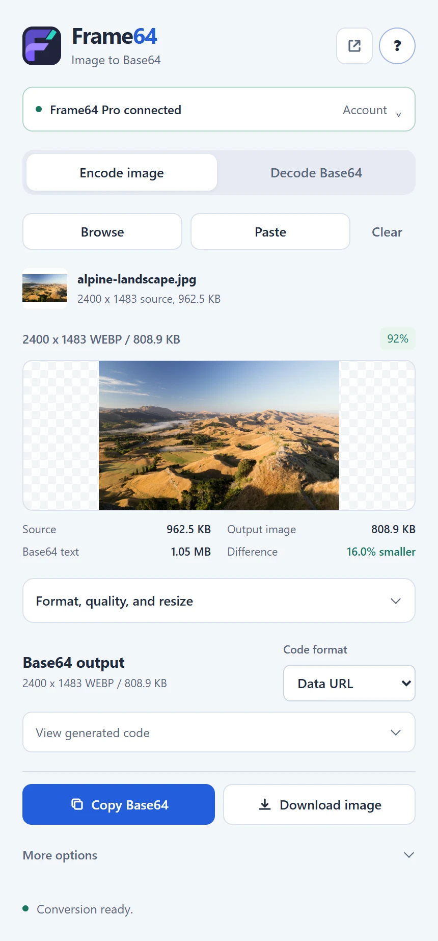 Frame64 popup with an alpine landscape converted to WebP, source and output sizes, Base64 output, and Copy Base64 and Download image buttons