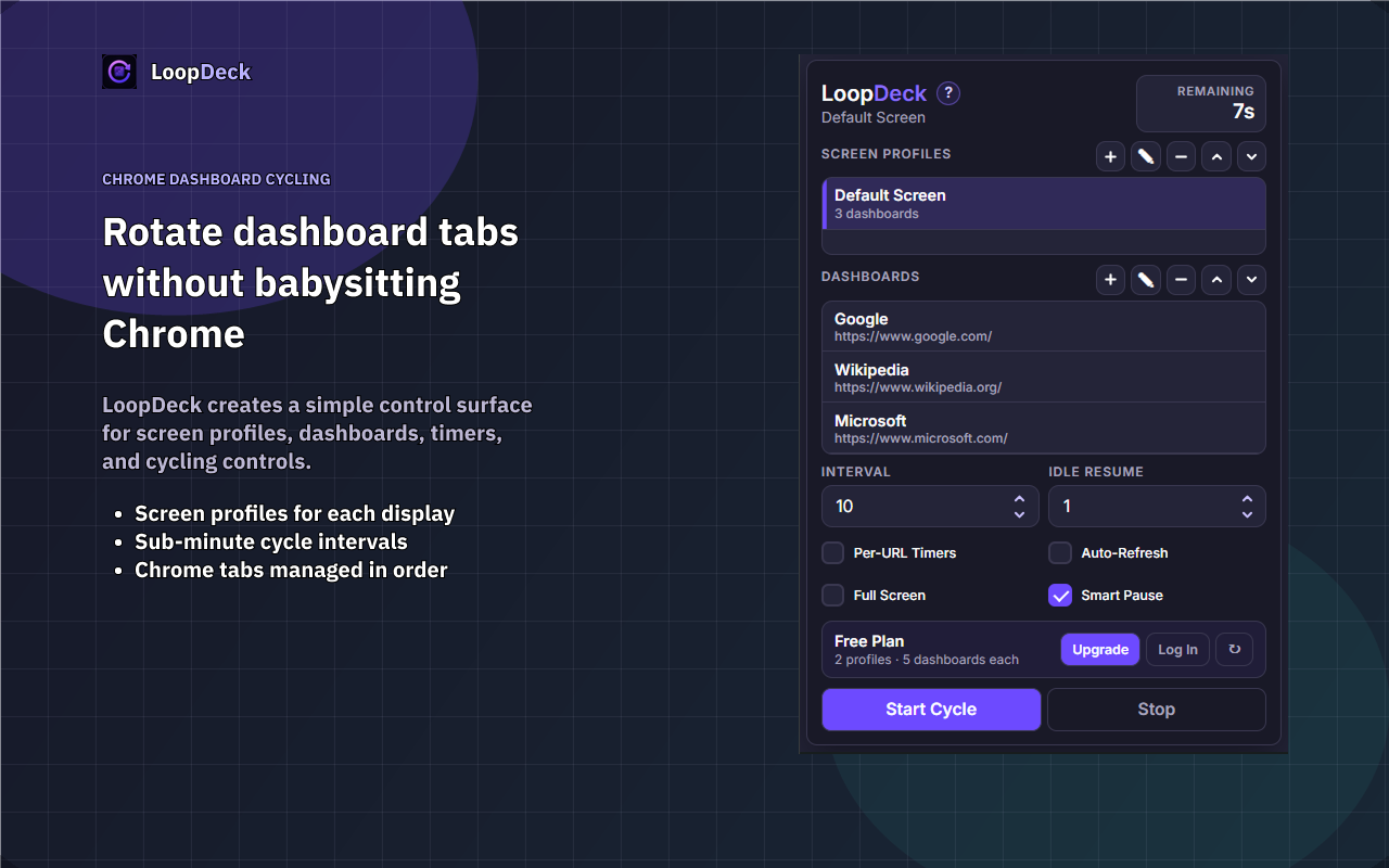 LoopDeck Chrome extension showing dashboard profiles, timers, and cycling controls