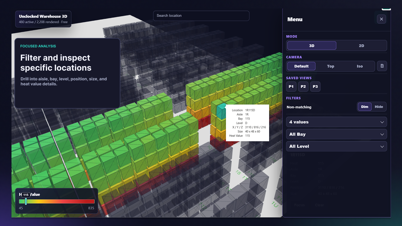 Warehouse 3D showing selected warehouse locations while non-matching locations are dimmed