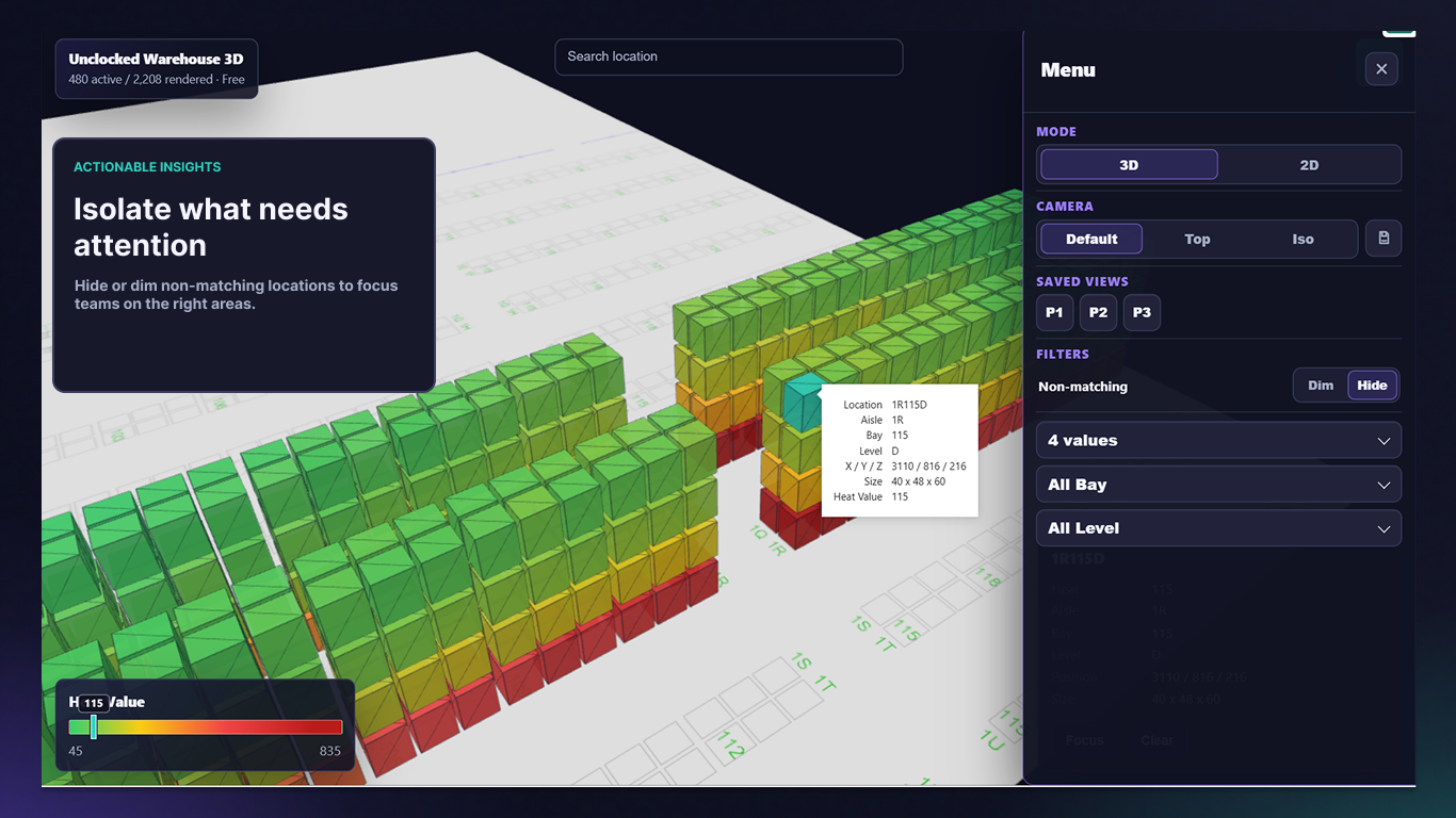 Warehouse 3D showing selected warehouse locations while non-matching locations are hidden