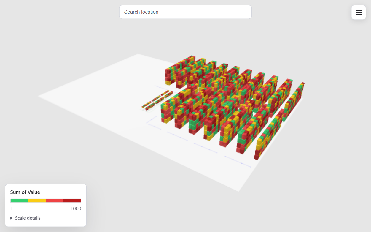 Updated Warehouse 3D visual showing color-coded warehouse racks, location search, and the heatmap legend